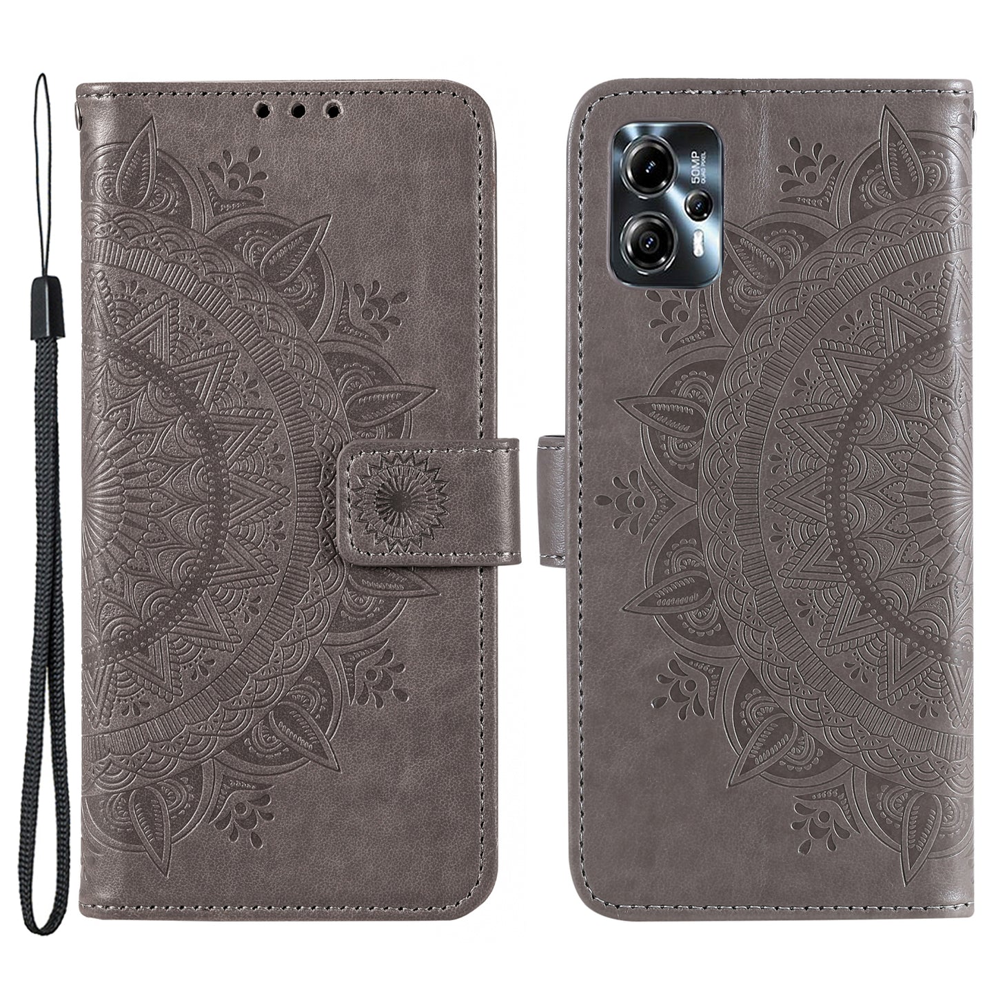 Leather Phone Case for Motorola Moto G13 4G / G23 4G, Imprinted Mandala Flower Pattern Wallet Stand Phone Cover with Strap