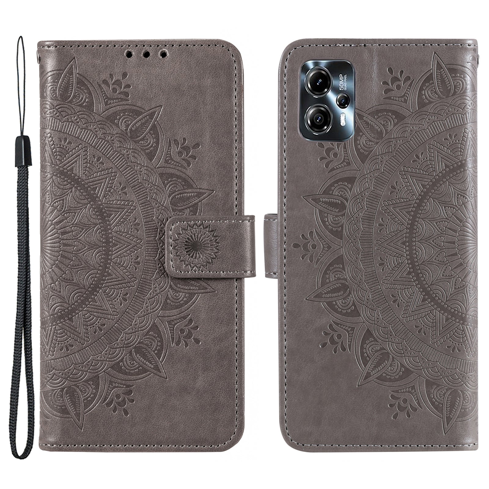 Leather Phone Case for Motorola Moto G13 4G / G23 4G, Imprinted Mandala Flower Pattern Wallet Stand Phone Cover with Strap