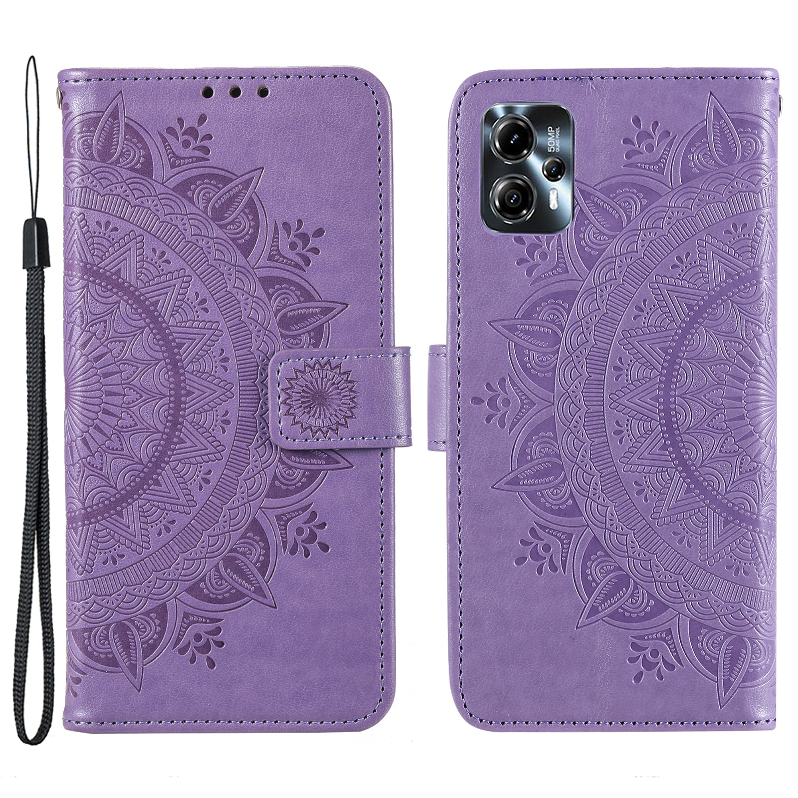 Leather Phone Case for Motorola Moto G13 4G / G23 4G, Imprinted Mandala Flower Pattern Wallet Stand Phone Cover with Strap