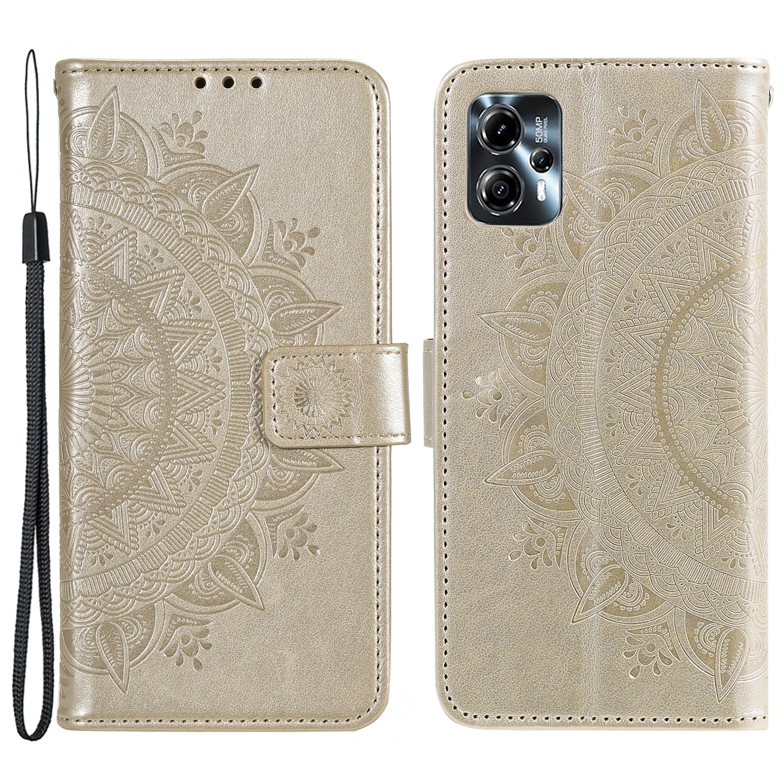 Leather Phone Case for Motorola Moto G13 4G / G23 4G, Imprinted Mandala Flower Pattern Wallet Stand Phone Cover with Strap