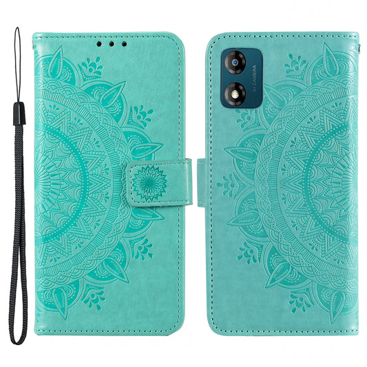 For Motorola Moto E13 4G Mobile Phone Case Imprinted Mandala Flower Pattern Wallet Stand Phone Cover with Strap