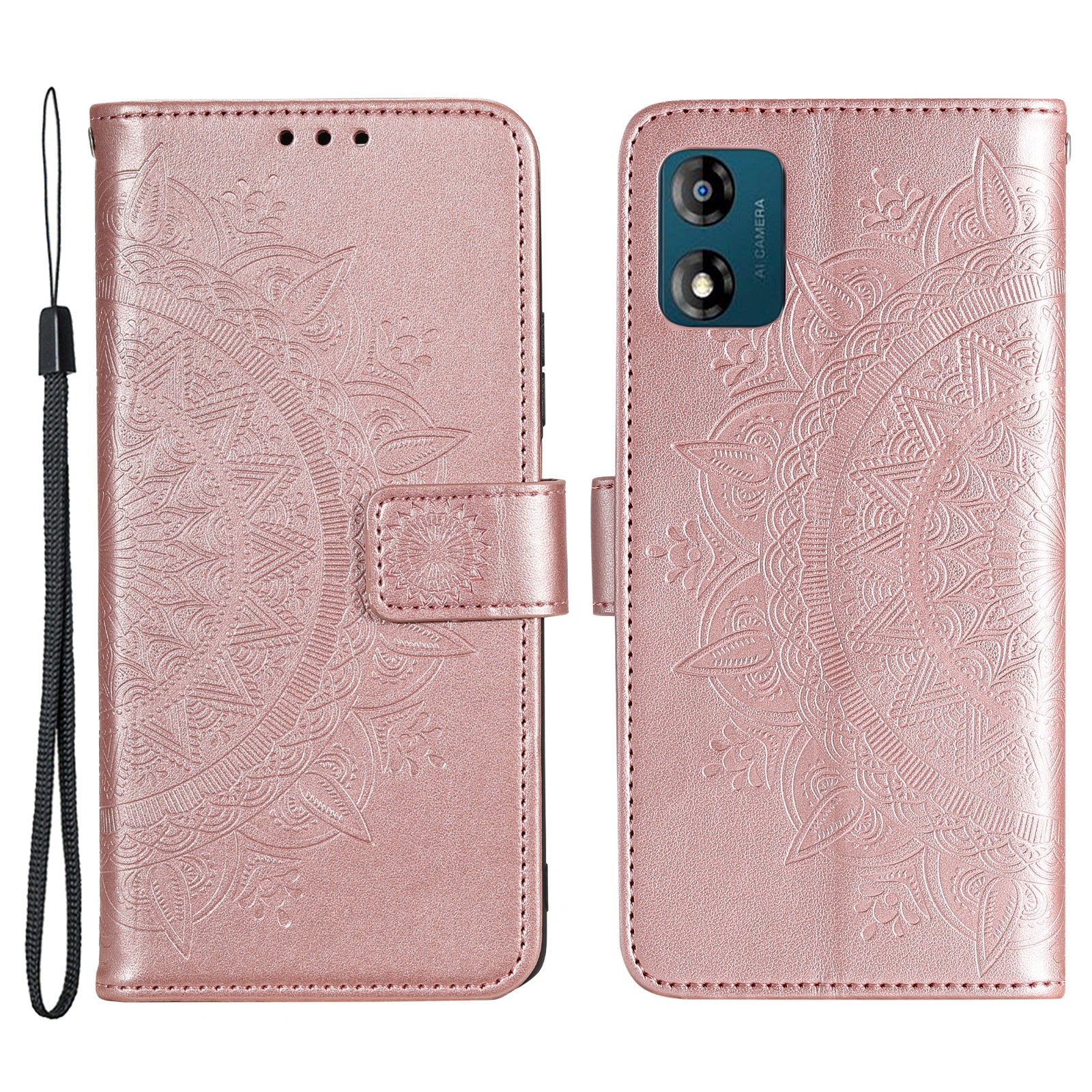 For Motorola Moto E13 4G Mobile Phone Case Imprinted Mandala Flower Pattern Wallet Stand Phone Cover with Strap