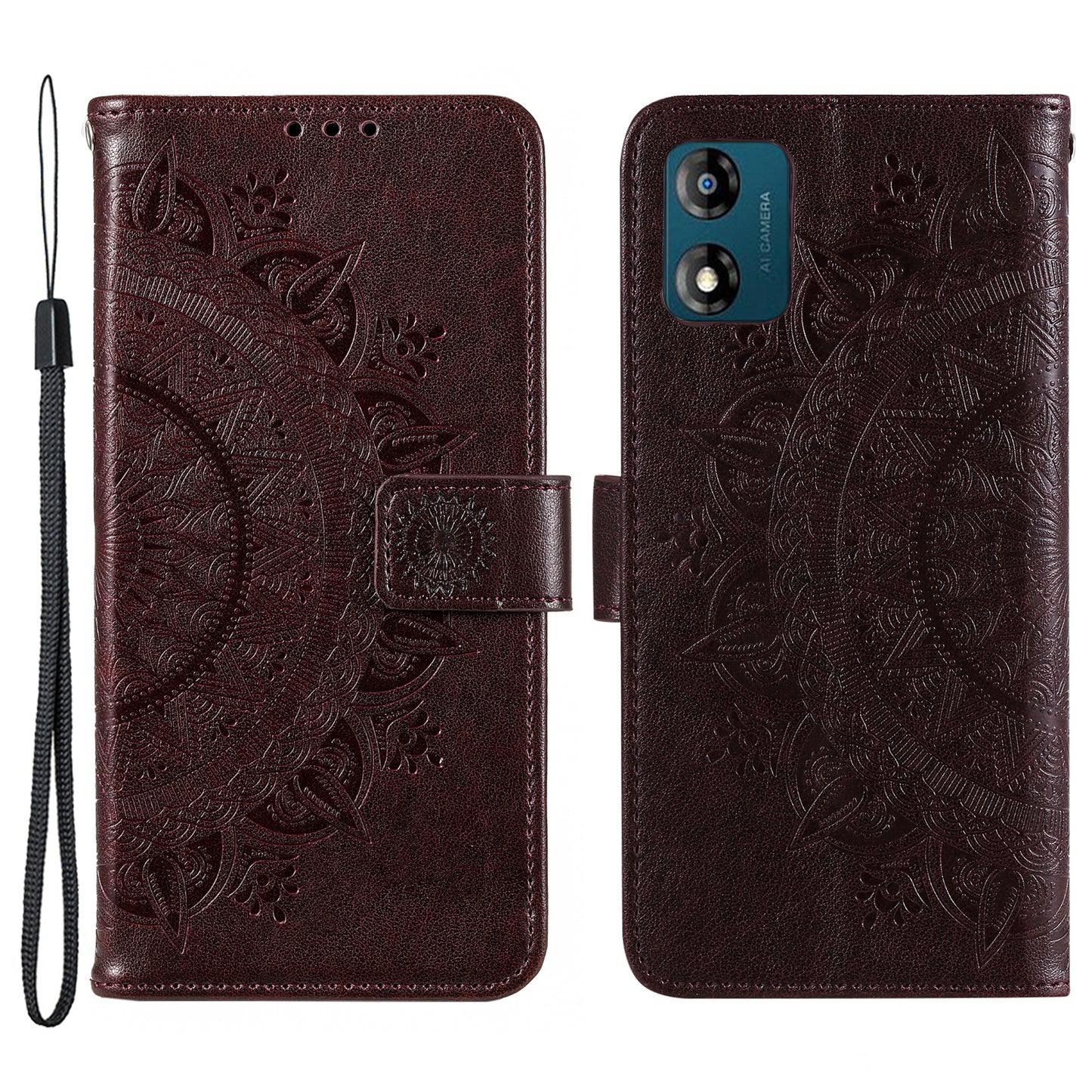 For Motorola Moto E13 4G Mobile Phone Case Imprinted Mandala Flower Pattern Wallet Stand Phone Cover with Strap