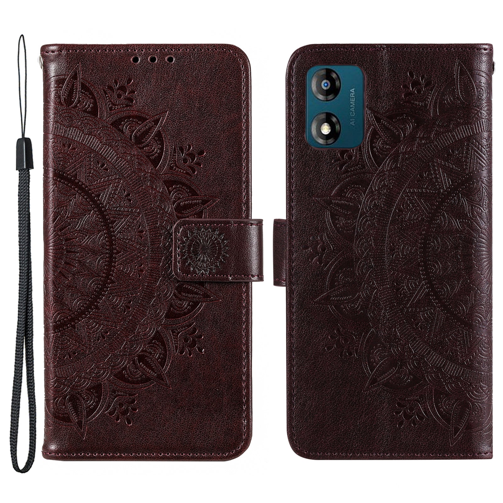 For Motorola Moto E13 4G Mobile Phone Case Imprinted Mandala Flower Pattern Wallet Stand Phone Cover with Strap