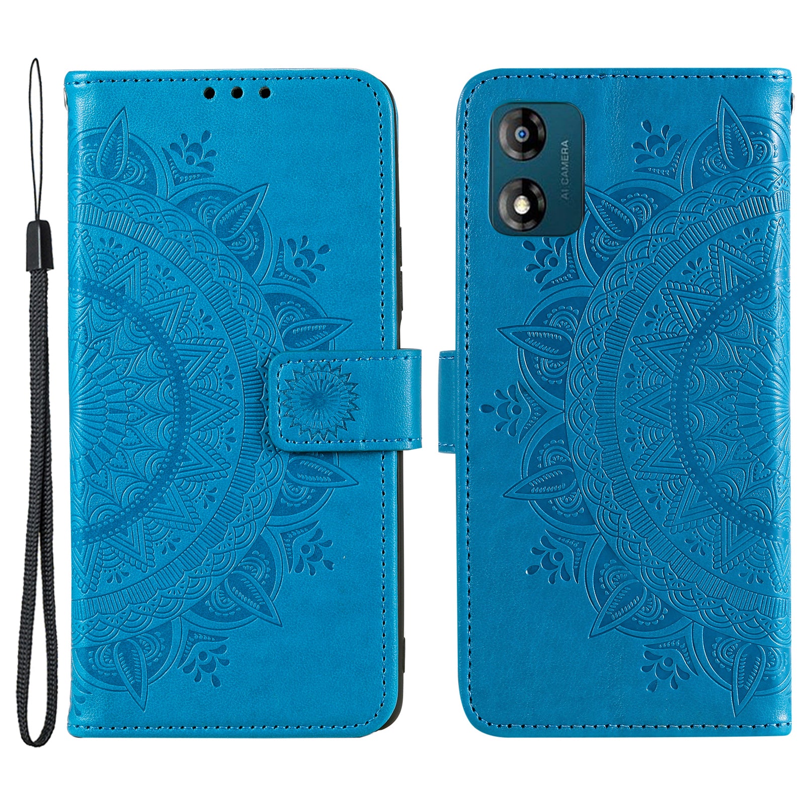 For Motorola Moto E13 4G Mobile Phone Case Imprinted Mandala Flower Pattern Wallet Stand Phone Cover with Strap