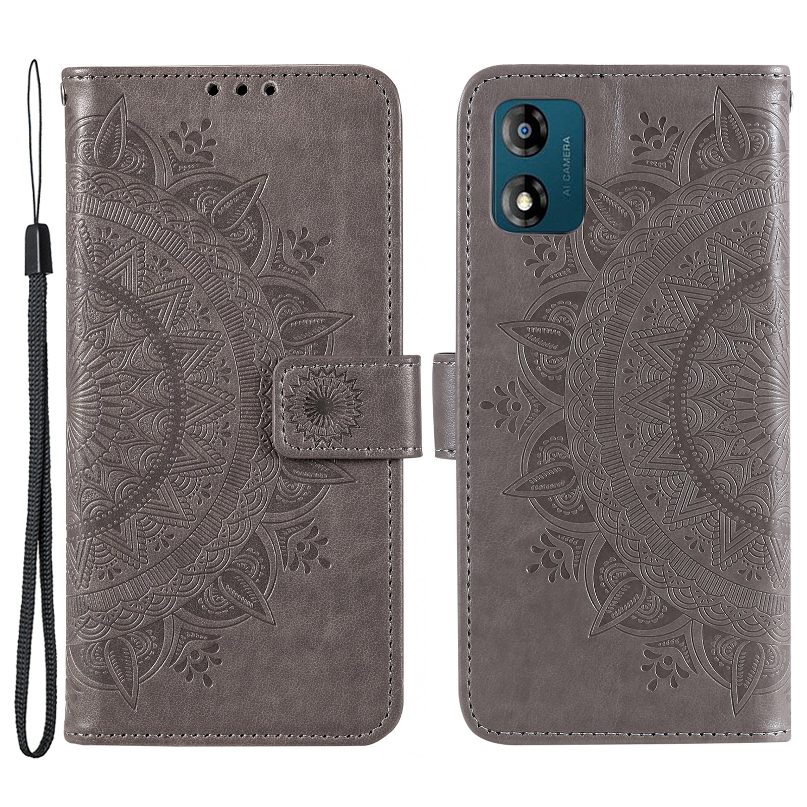 For Motorola Moto E13 4G Mobile Phone Case Imprinted Mandala Flower Pattern Wallet Stand Phone Cover with Strap