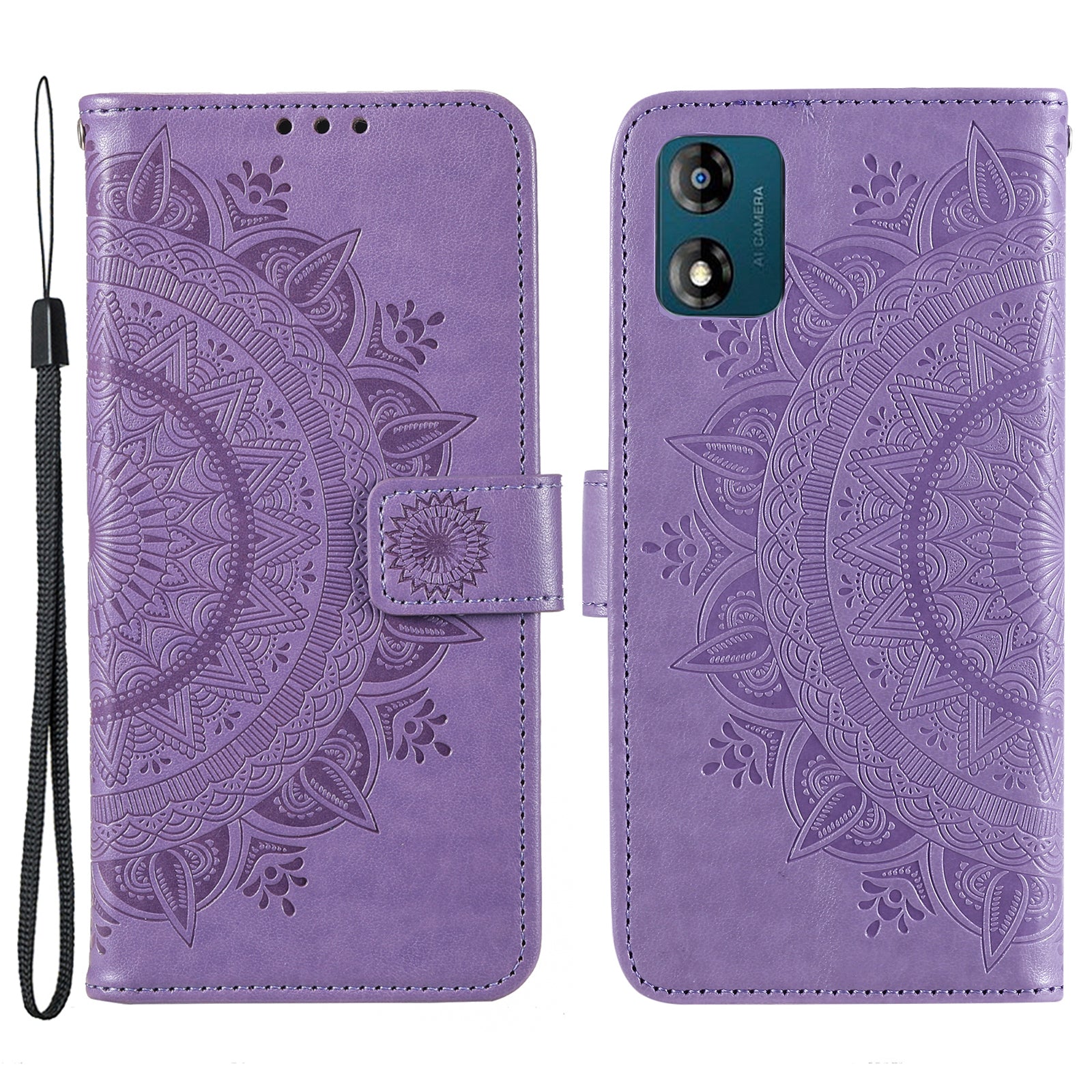 For Motorola Moto E13 4G Mobile Phone Case Imprinted Mandala Flower Pattern Wallet Stand Phone Cover with Strap