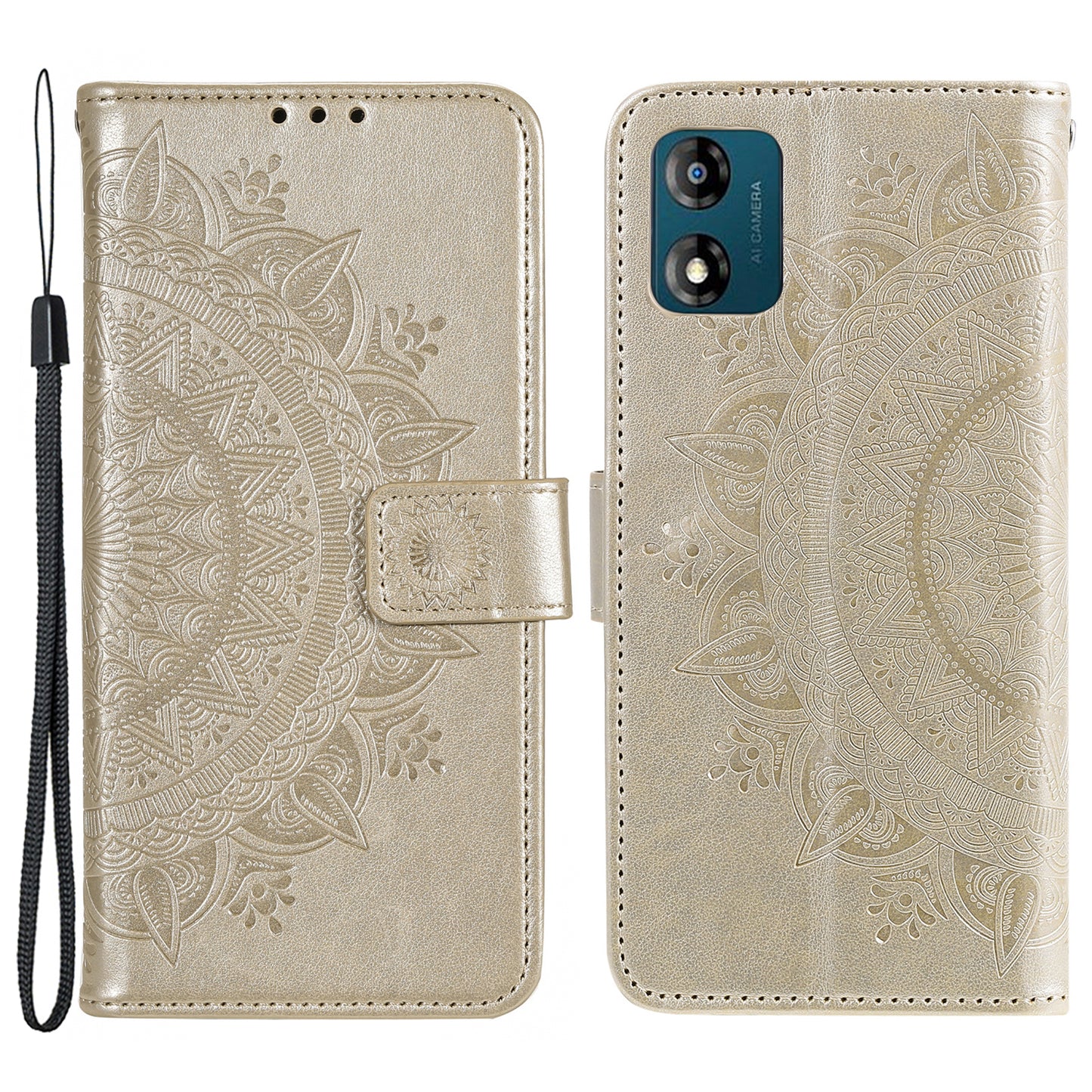 For Motorola Moto E13 4G Mobile Phone Case Imprinted Mandala Flower Pattern Wallet Stand Phone Cover with Strap