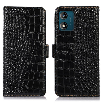 RFID Blocking Phone Stand Case for Motorola Moto E13 4G, Crocodile Texture Genuine Cowhide Leather Wallet Phone Cover