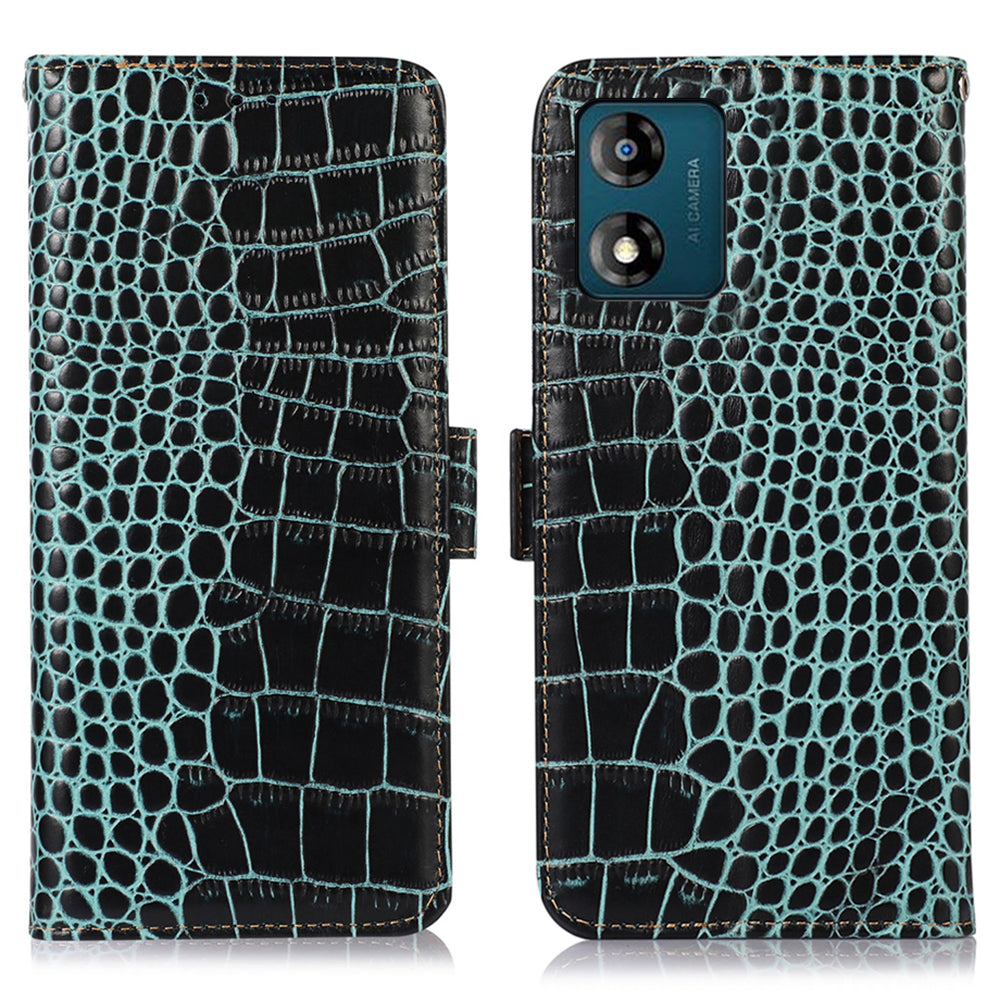 RFID Blocking Phone Stand Case for Motorola Moto E13 4G, Crocodile Texture Genuine Cowhide Leather Wallet Phone Cover