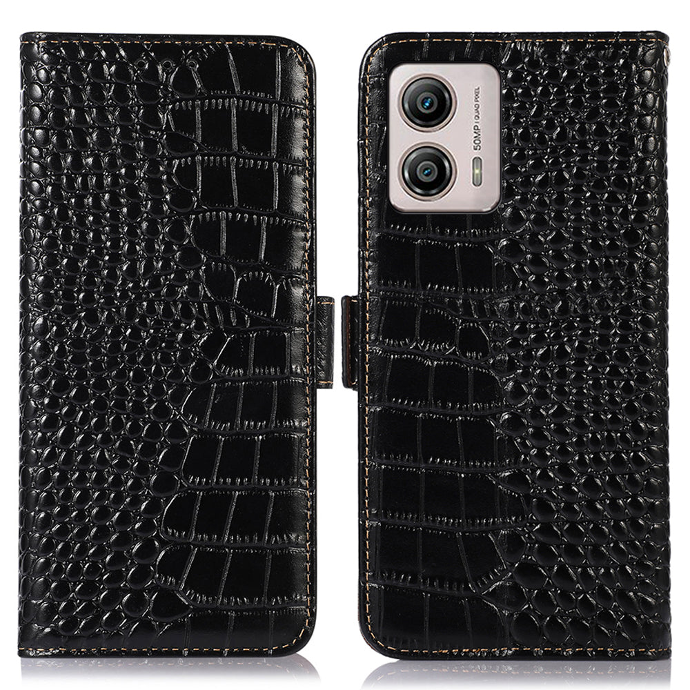 Leather Phone Case for Motorola Moto G53 5G, RFID Blocking Crocodile Texture Anti-scratch Drop-proof Phone Cover Wallet Stand