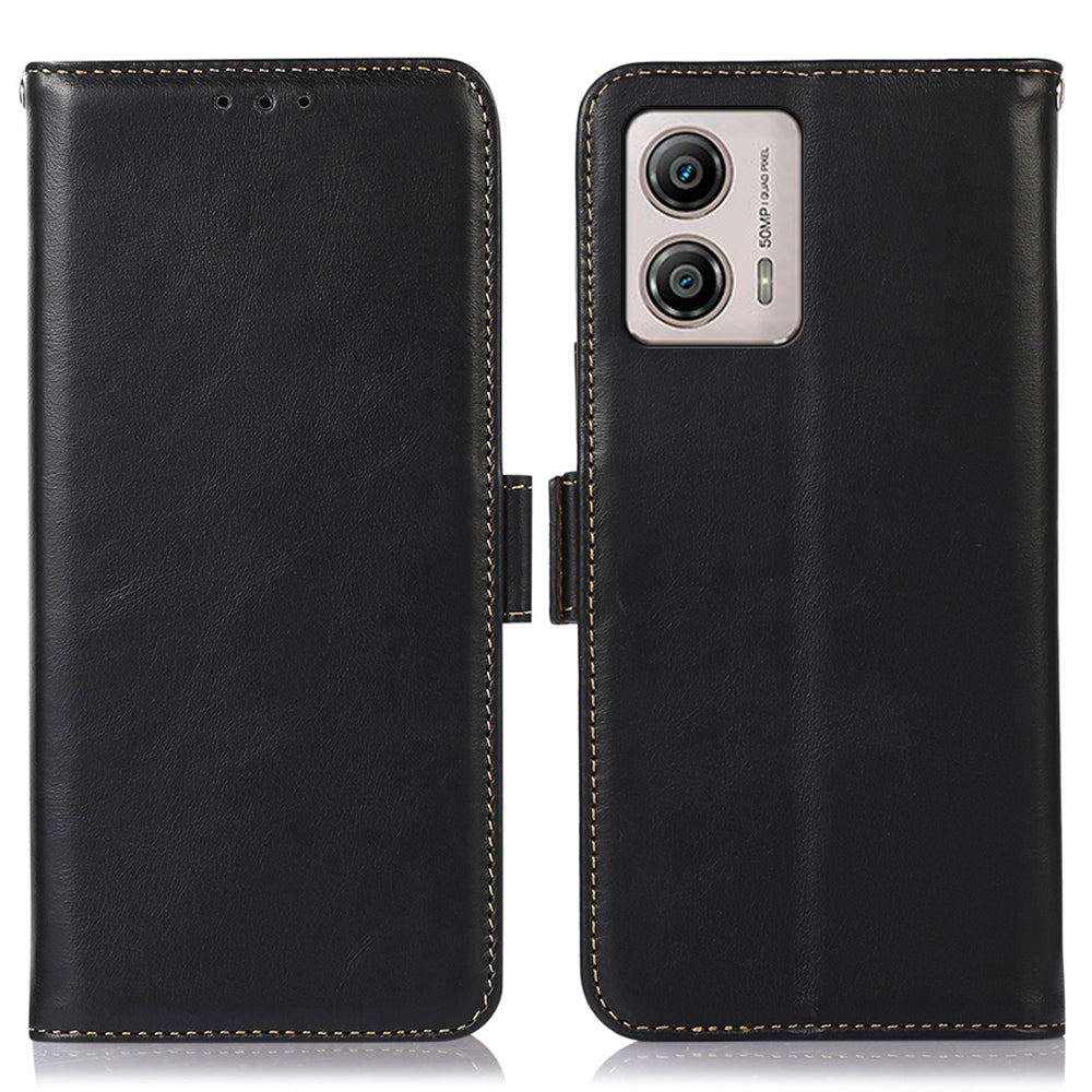 For Motorola Moto G53 5G RFID Blocking Protective Phone Case Genuine Cowhide Leather Phone Cover with Wallet Stand