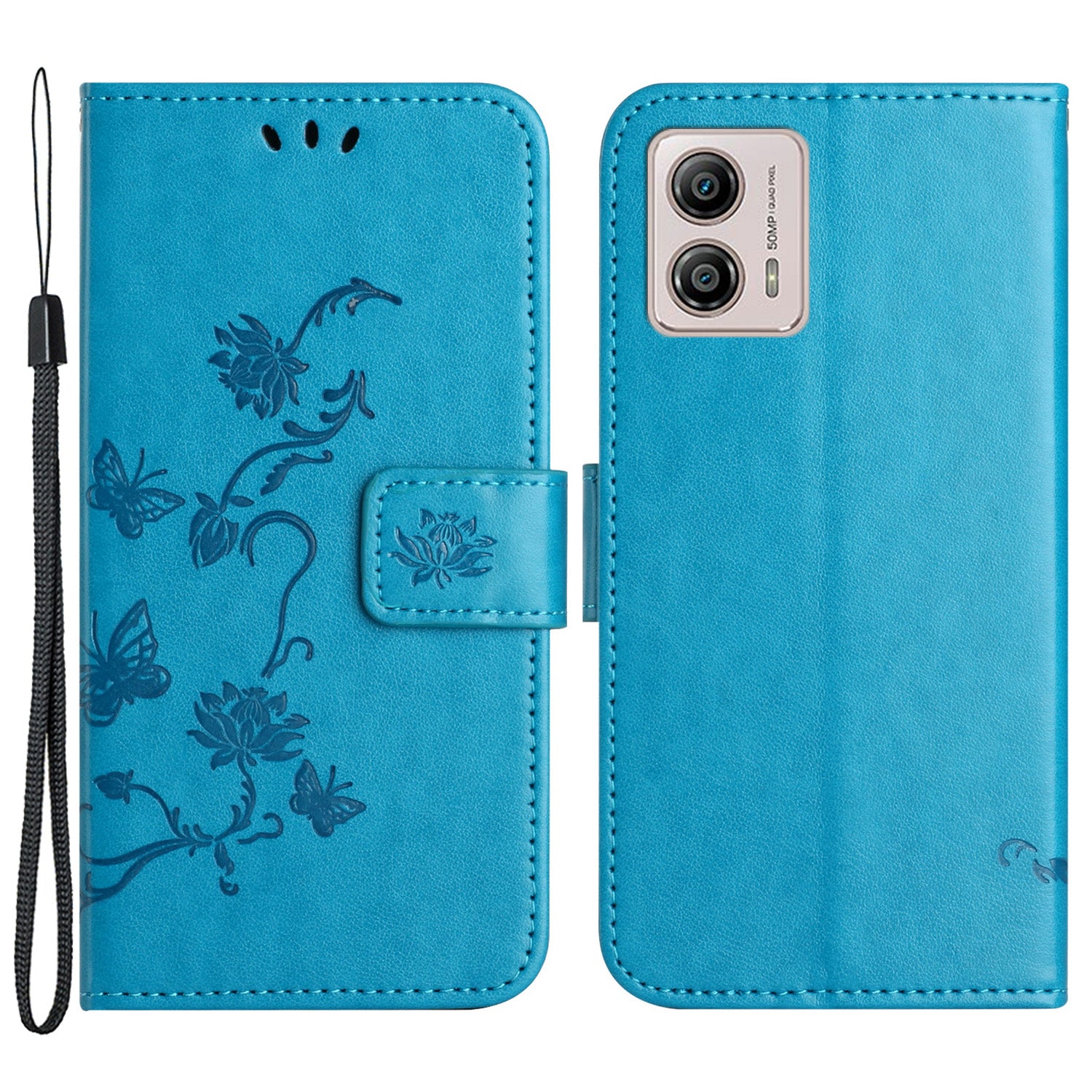 For Motorola Moto G73 5G Imprinted Butterfly Flower PU Leather Wallet Cover Flip Stand Phone Case with Strap