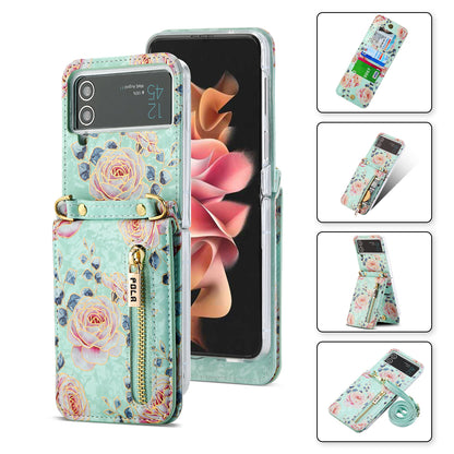 POLA Zipper Pocket PU Leather Phone Case for Samsung Galaxy Z Flip3 5G , Card Slots Holder Kickstand Rose Pattern Printing Cover