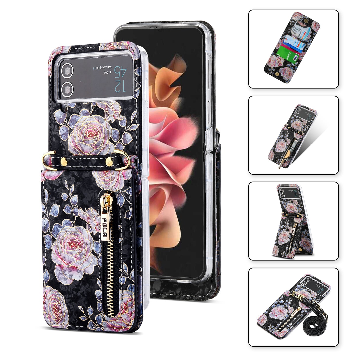 POLA Zipper Pocket PU Leather Phone Case for Samsung Galaxy Z Flip3 5G , Card Slots Holder Kickstand Rose Pattern Printing Cover