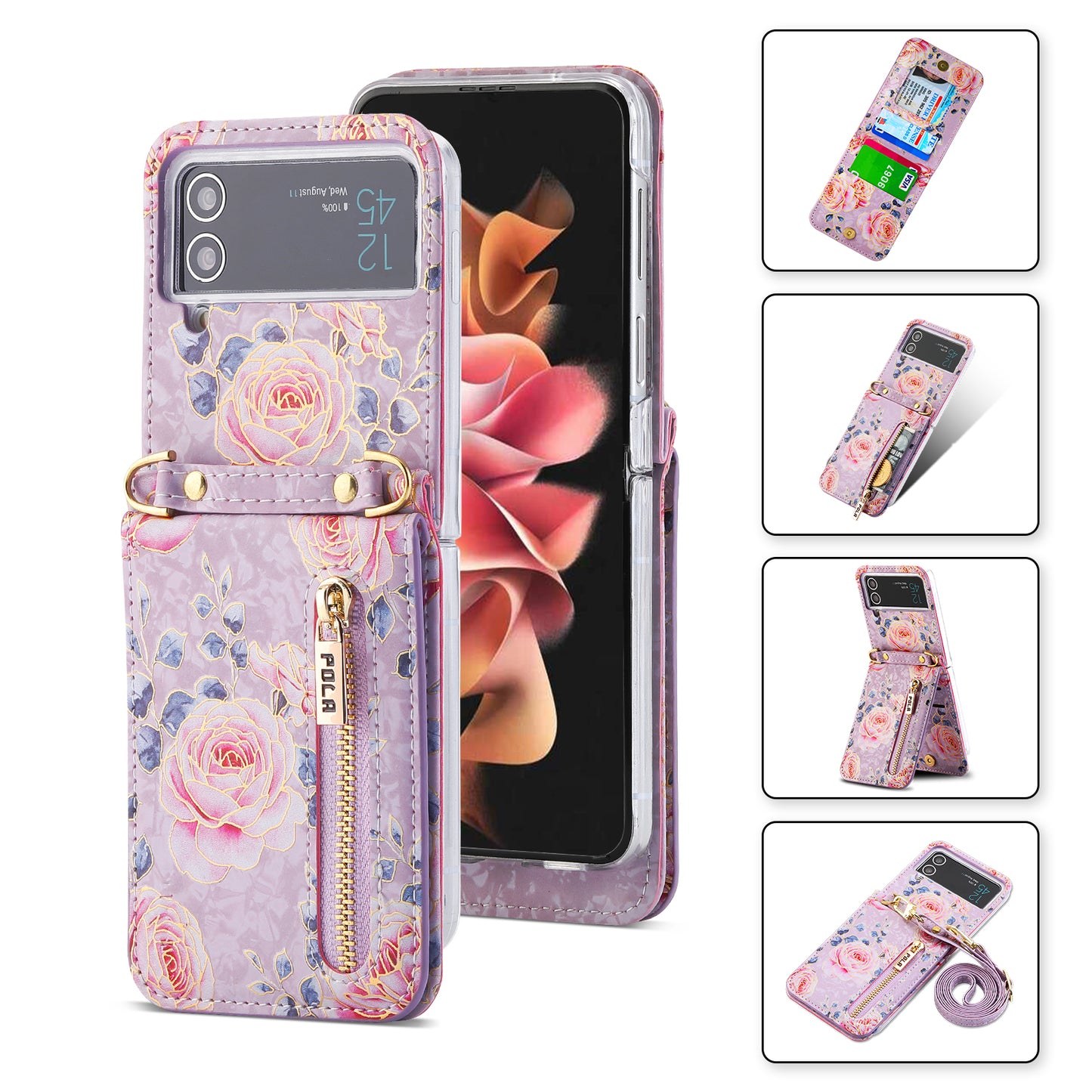 POLA Zipper Pocket PU Leather Phone Case for Samsung Galaxy Z Flip3 5G , Card Slots Holder Kickstand Rose Pattern Printing Cover