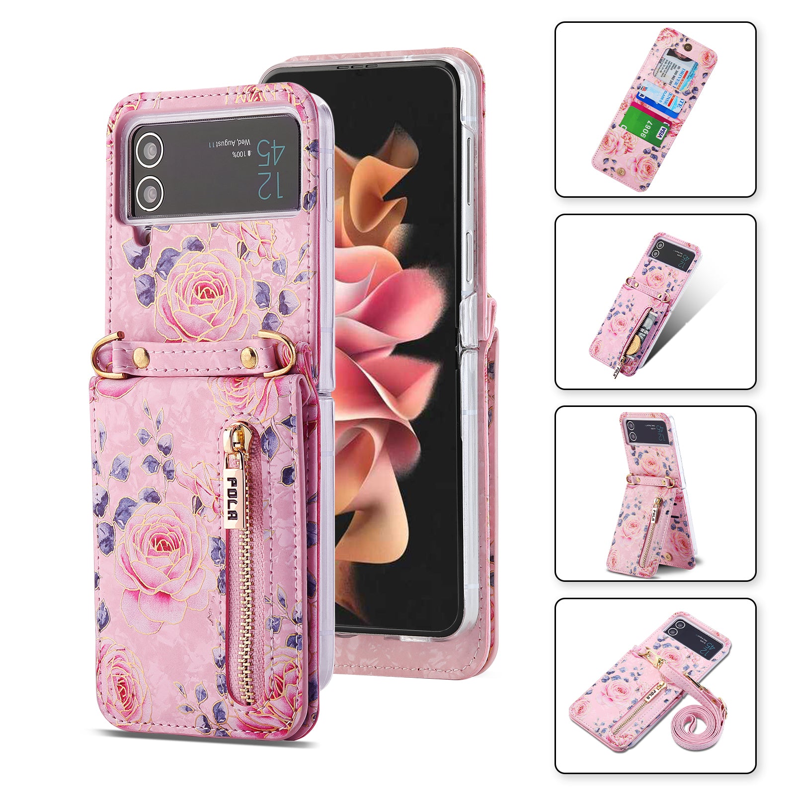 POLA Zipper Pocket PU Leather Phone Case for Samsung Galaxy Z Flip3 5G , Card Slots Holder Kickstand Rose Pattern Printing Cover