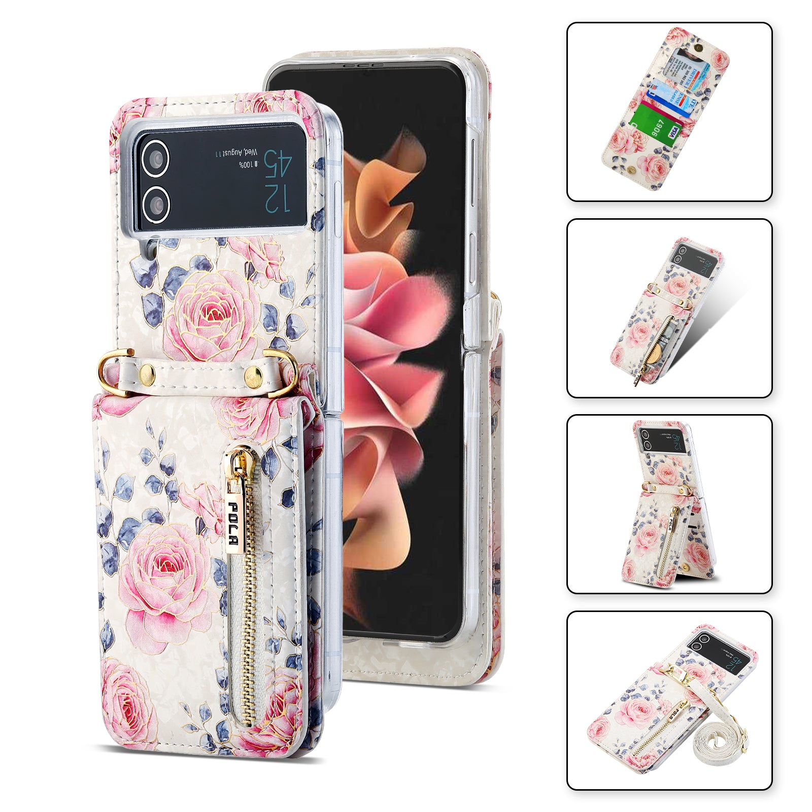 POLA Zipper Pocket PU Leather Phone Case for Samsung Galaxy Z Flip3 5G , Card Slots Holder Kickstand Rose Pattern Printing Cover