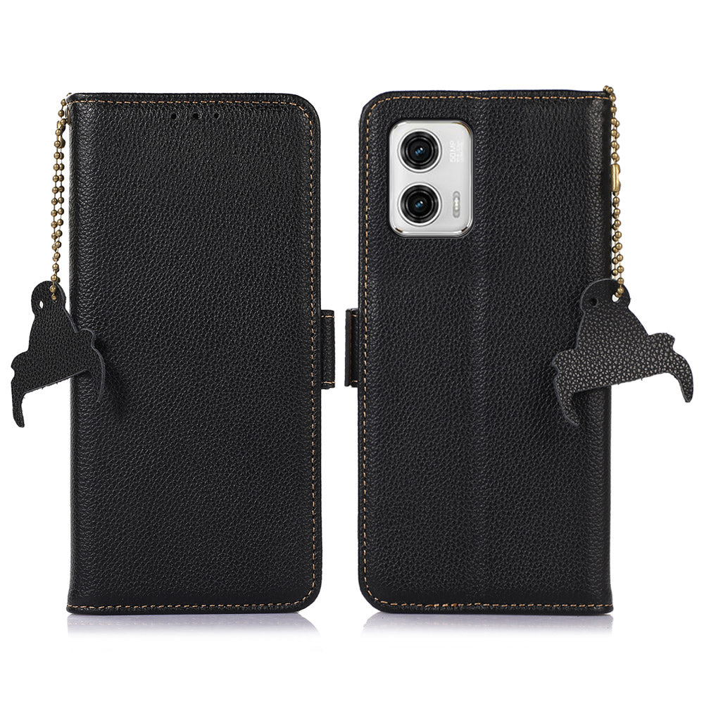 Wallet Phone Case for Motorola Moto G73 5G , RFID Blocking Stand Genuine Cow Leather Magnetic Flip Phone Cover