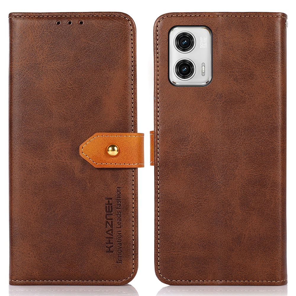 KHAZNEH For Motorola Moto G73 5G Cowhide Texture Cell Phone Stand Case Gold Button PU Leather Wallet Cover