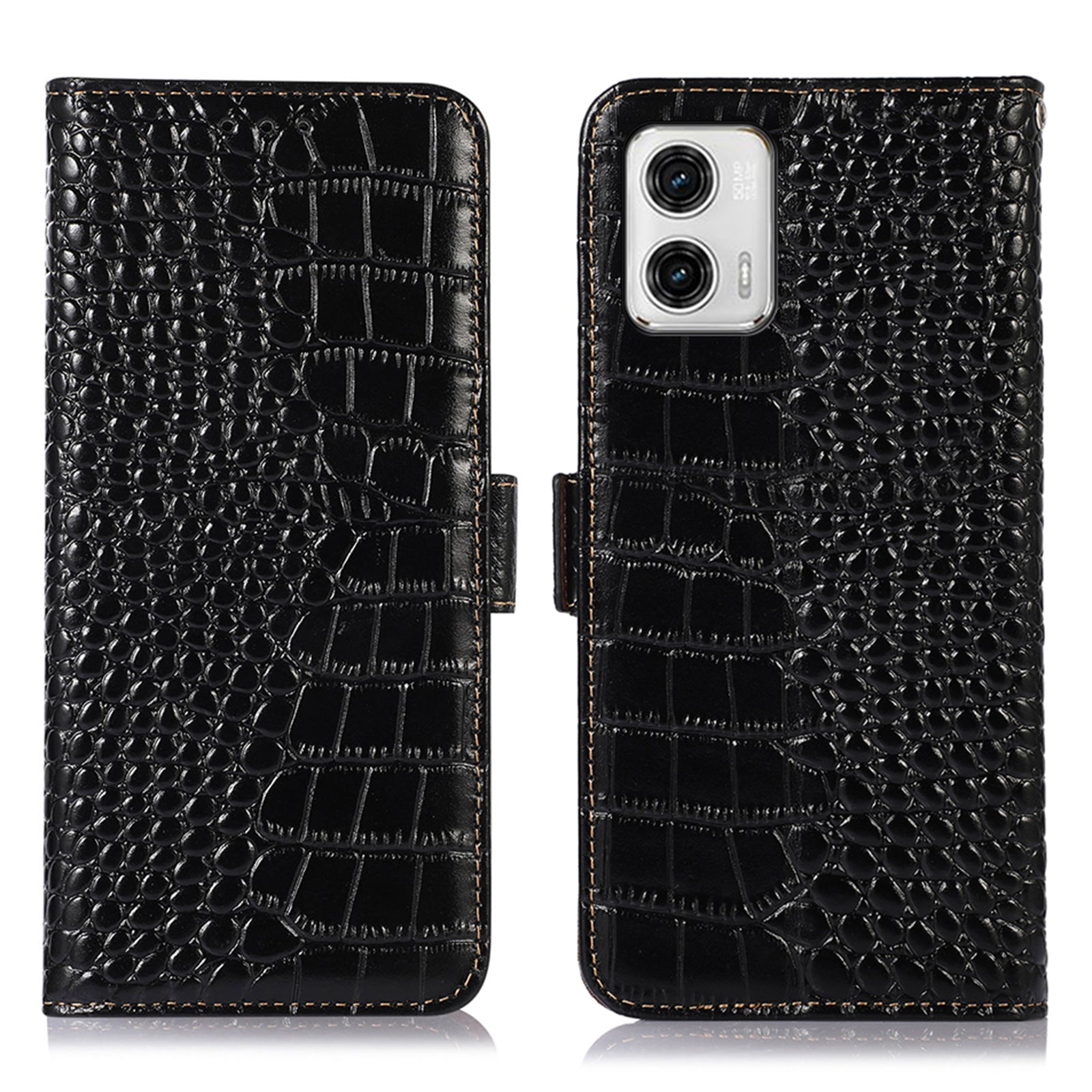 Phone Stand Case for Motorola Moto G73 5G RFID Blocking Genuine Cowhide Leather Wallet Phone Cover