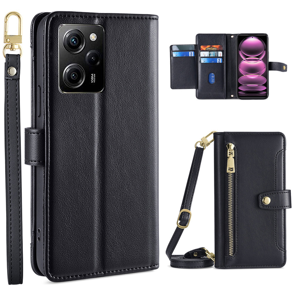 For Xiaomi Redmi Note 12 Pro Speed 5G  / Note 12 Pro 5G / Poco X5 Pro 5G Zipper Pocket Phone Stand Case Card Slots Leather Phone Cover with Straps