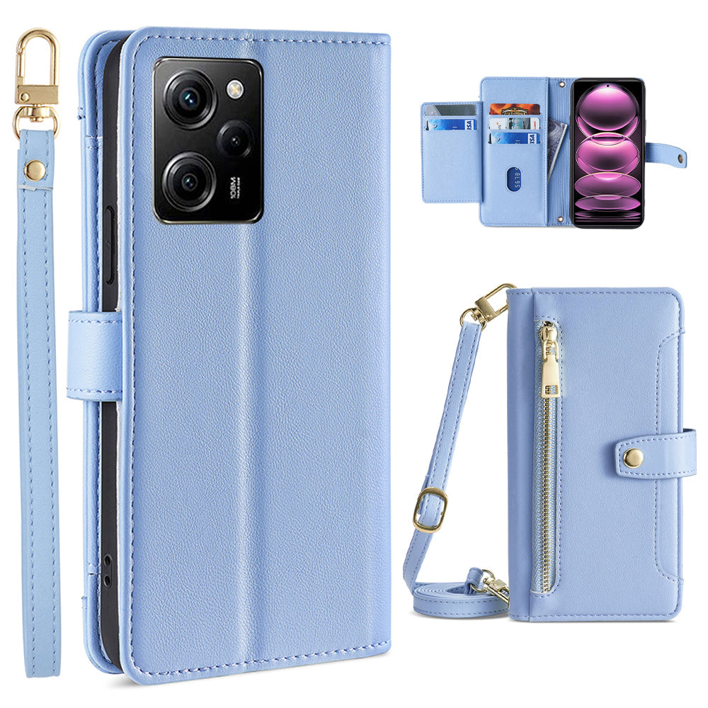 For Xiaomi Redmi Note 12 Pro Speed 5G  / Note 12 Pro 5G / Poco X5 Pro 5G Zipper Pocket Phone Stand Case Card Slots Leather Phone Cover with Straps