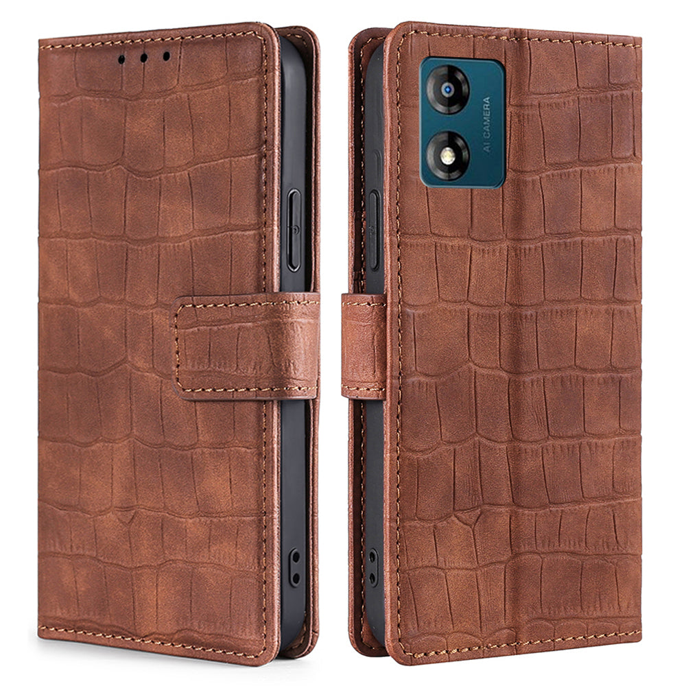 For Motorola Moto E13 4G Skin-friendly Phone Case Crocodile Texture PU Leather Wallet Stand Anti-fall Cover