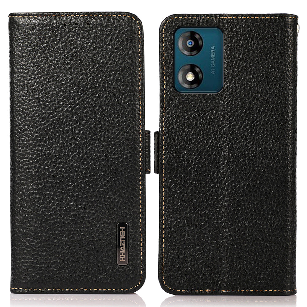 KHAZNEH Phone Case for Motorola Moto E13 4G , RFID Blocking Litchi Texture Genuine Leather Stand Wallet Shockproof Cover