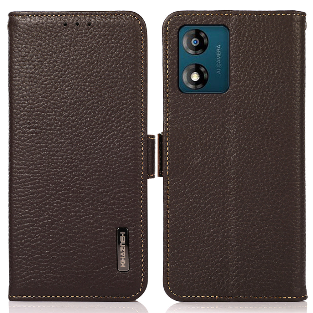 KHAZNEH Phone Case for Motorola Moto E13 4G , RFID Blocking Litchi Texture Genuine Leather Stand Wallet Shockproof Cover