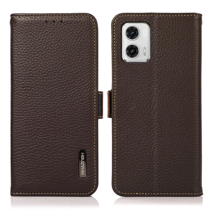 KHAZNEH For Motorola Moto G73 5G RFID Blocking Litchi Texture Phone Case Genuine Leather Wallet Protective Stand Cover