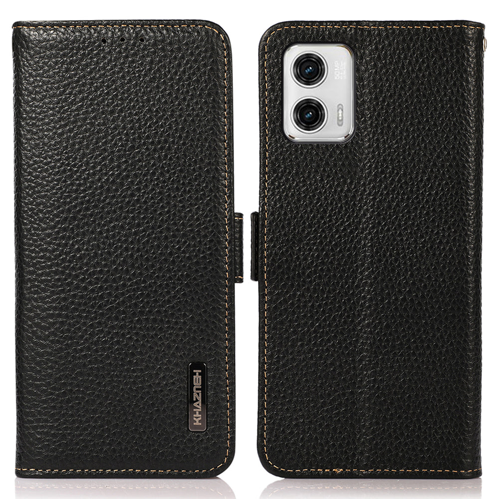 KHAZNEH For Motorola Moto G73 5G RFID Blocking Litchi Texture Phone Case Genuine Leather Wallet Protective Stand Cover