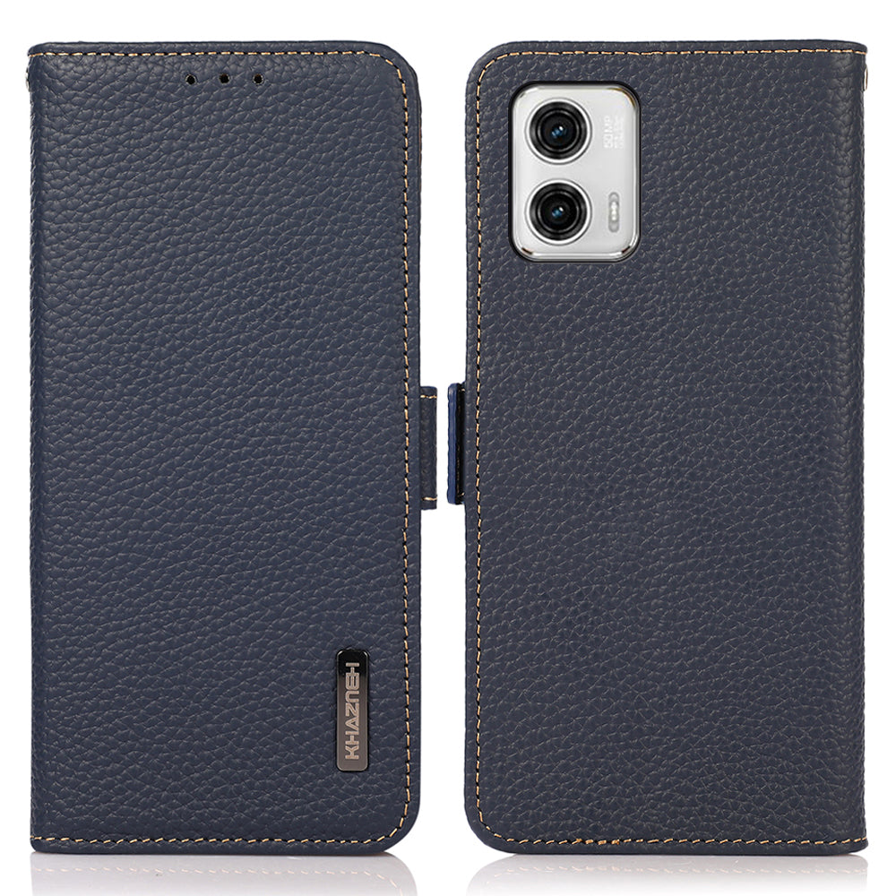 KHAZNEH For Motorola Moto G73 5G RFID Blocking Litchi Texture Phone Case Genuine Leather Wallet Protective Stand Cover