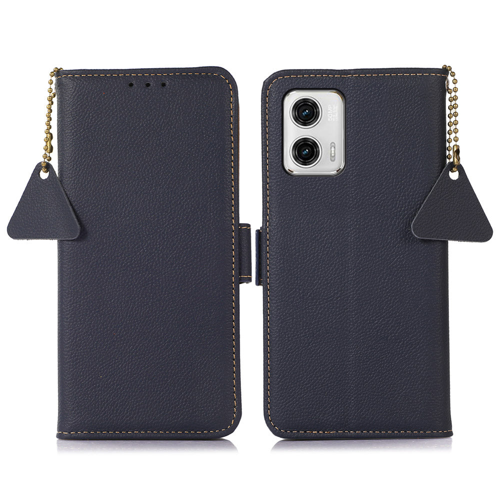 TJ Phone Wallet Case for Motorola Moto G73 5G RFID Blocking Genuine Cow Leather Stand Phone Cover