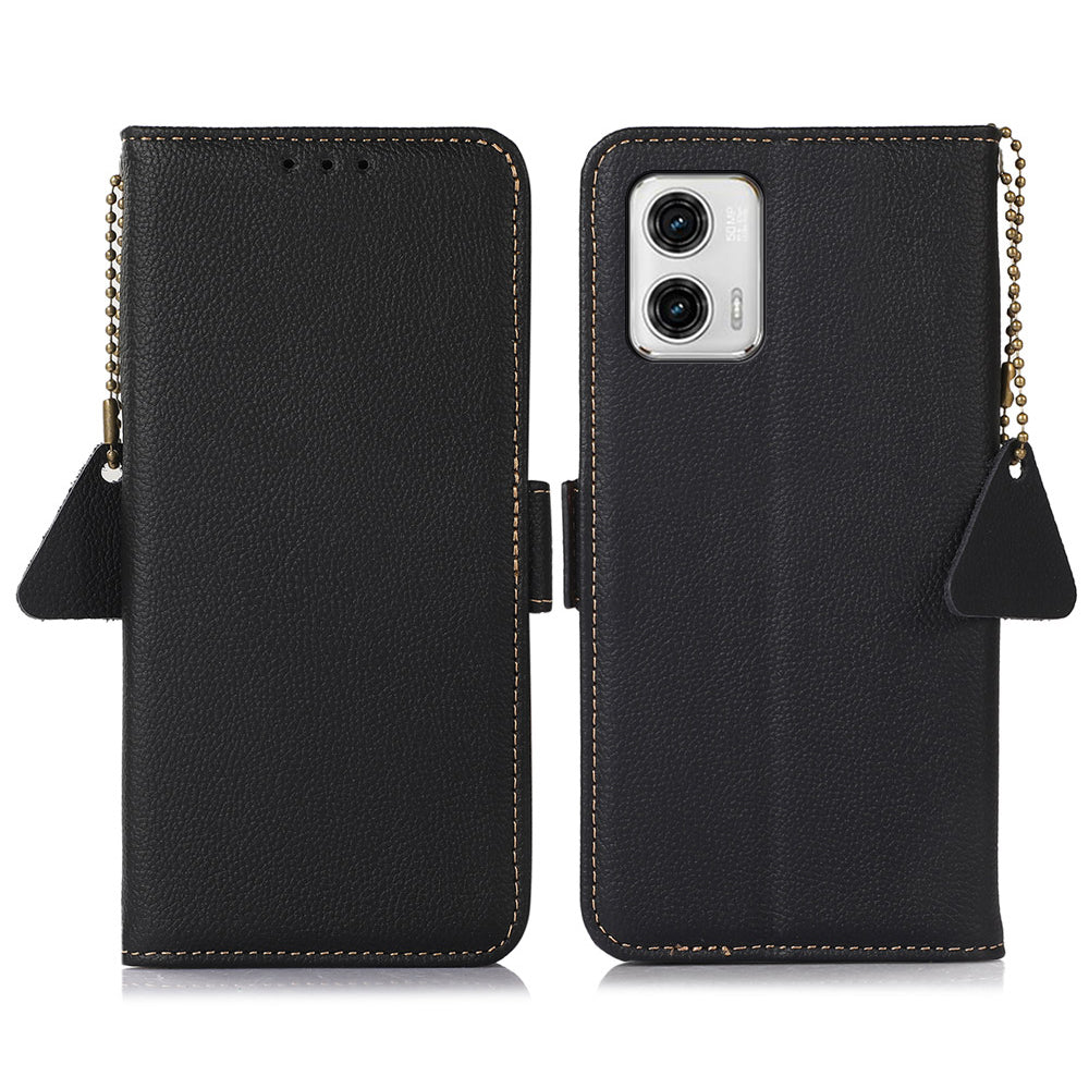 TJ Phone Wallet Case for Motorola Moto G73 5G RFID Blocking Genuine Cow Leather Stand Phone Cover