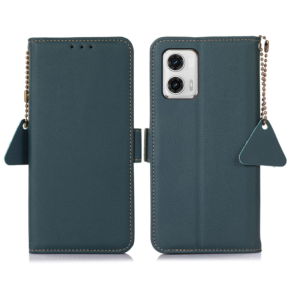 TJ Phone Wallet Case for Motorola Moto G73 5G RFID Blocking Genuine Cow Leather Stand Phone Cover