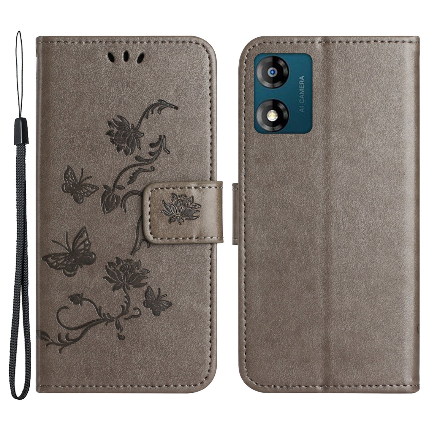 For Motorola Moto E13 4G PU Leather Phone Case Imprinted Butterfly Flower Magnetic Holder Flip Stand Wallet Cover