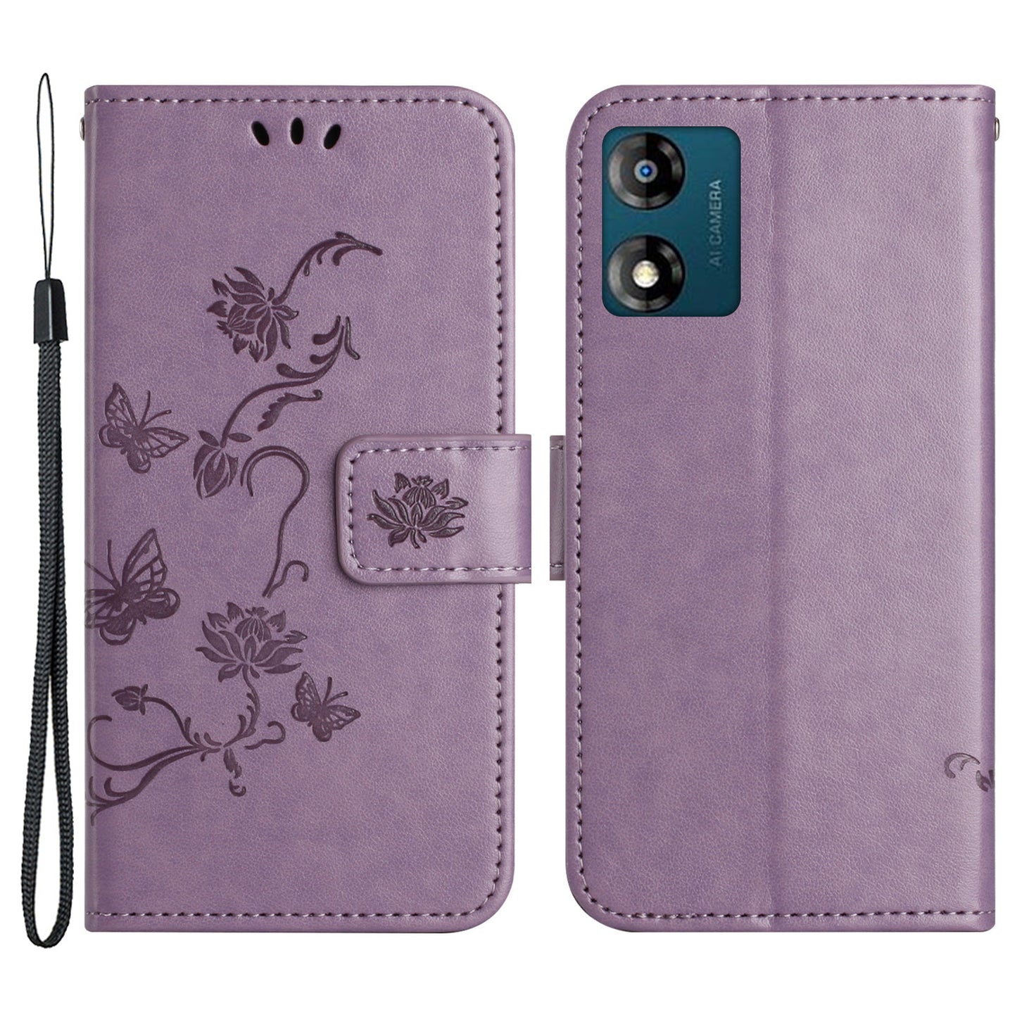 For Motorola Moto E13 4G PU Leather Phone Case Imprinted Butterfly Flower Magnetic Holder Flip Stand Wallet Cover