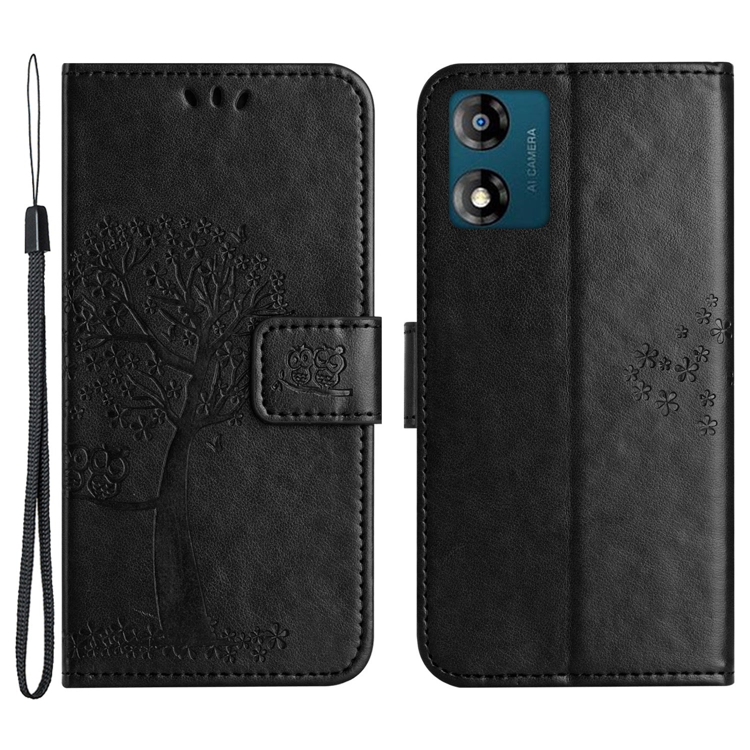 For Motorola Moto E13 4G Wallet Portable Leather Phone Case Imprinted Owl Tree Stand Flip Magnetic Cover