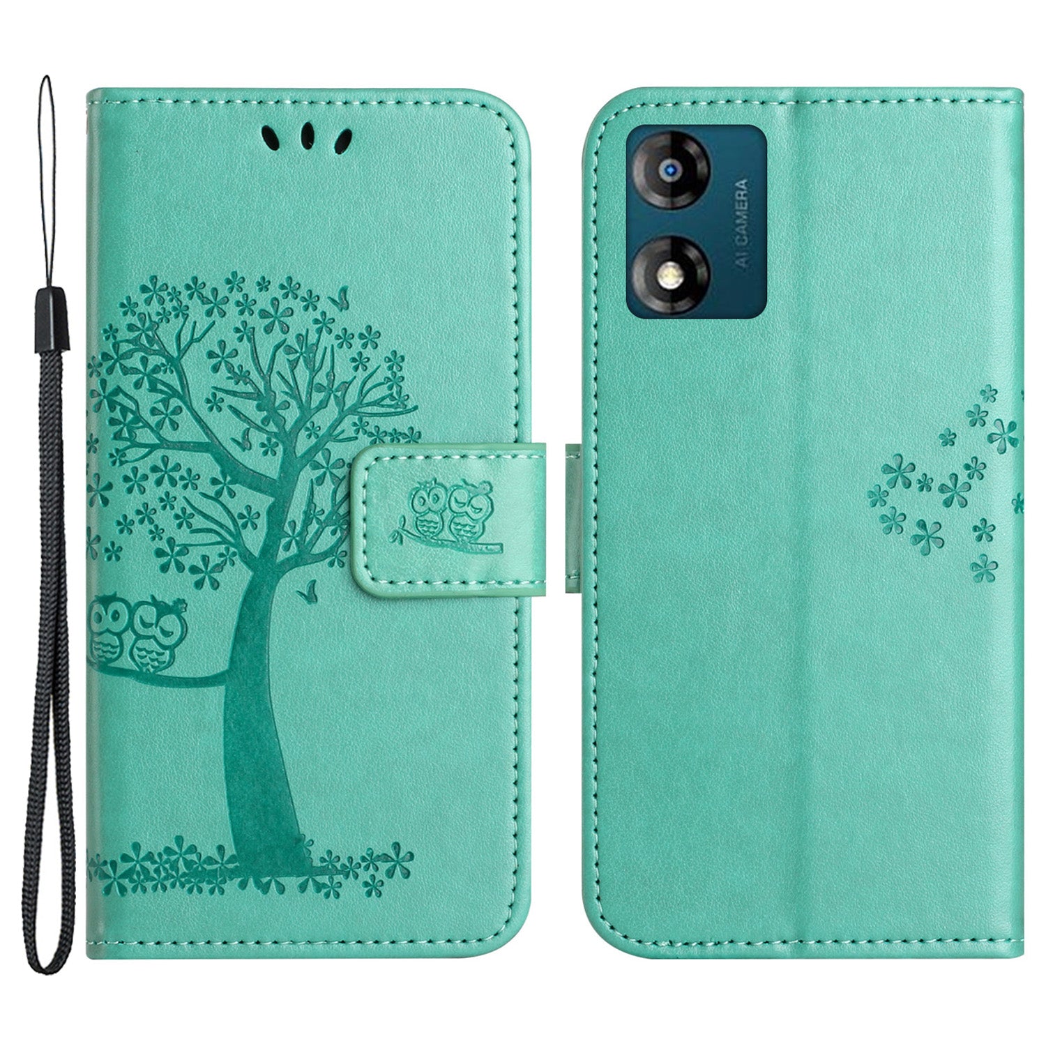 For Motorola Moto E13 4G Wallet Portable Leather Phone Case Imprinted Owl Tree Stand Flip Magnetic Cover