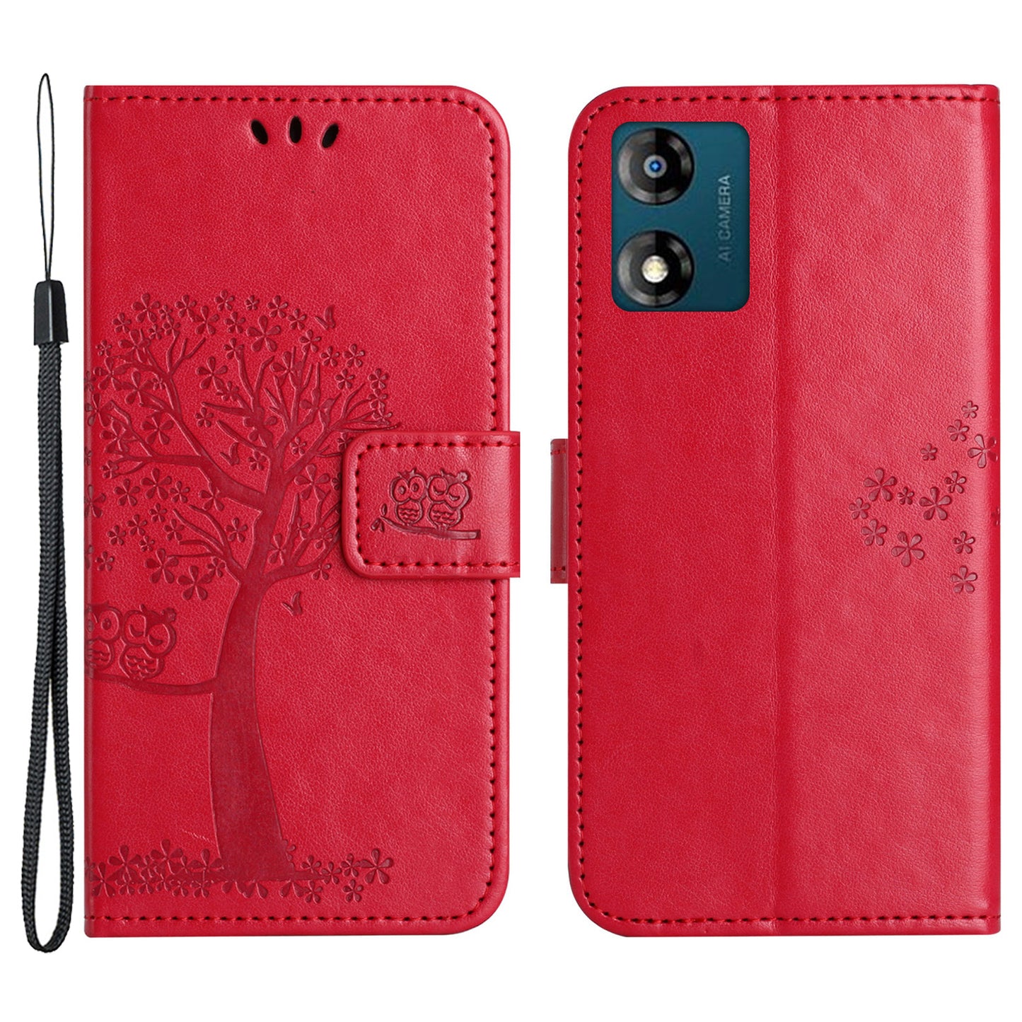 For Motorola Moto E13 4G Wallet Portable Leather Phone Case Imprinted Owl Tree Stand Flip Magnetic Cover