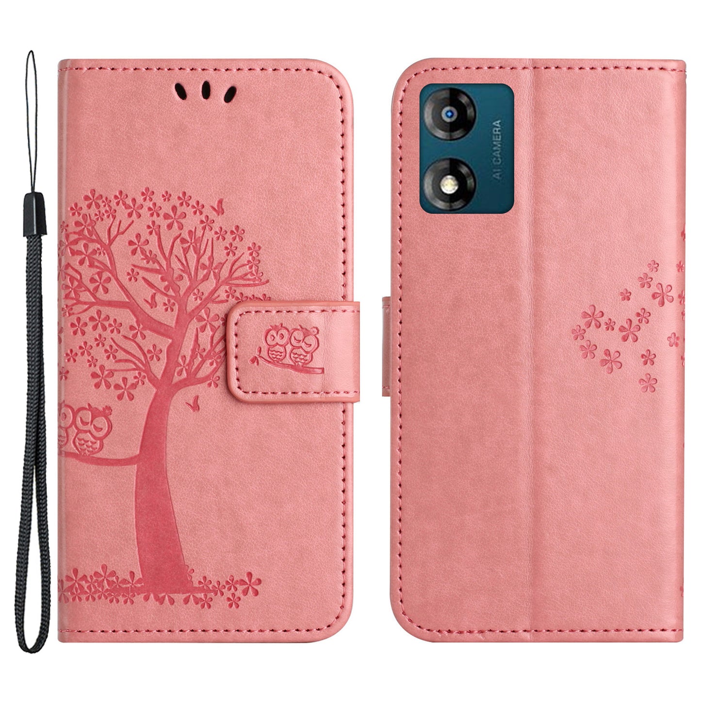 For Motorola Moto E13 4G Wallet Portable Leather Phone Case Imprinted Owl Tree Stand Flip Magnetic Cover