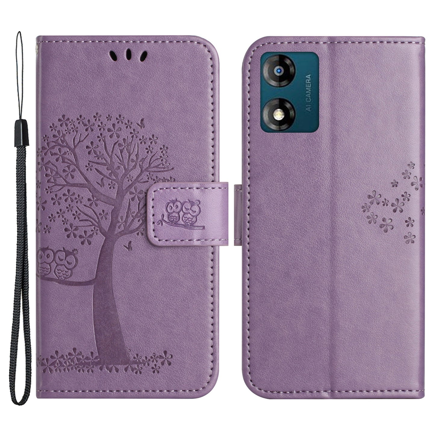 For Motorola Moto E13 4G Wallet Portable Leather Phone Case Imprinted Owl Tree Stand Flip Magnetic Cover