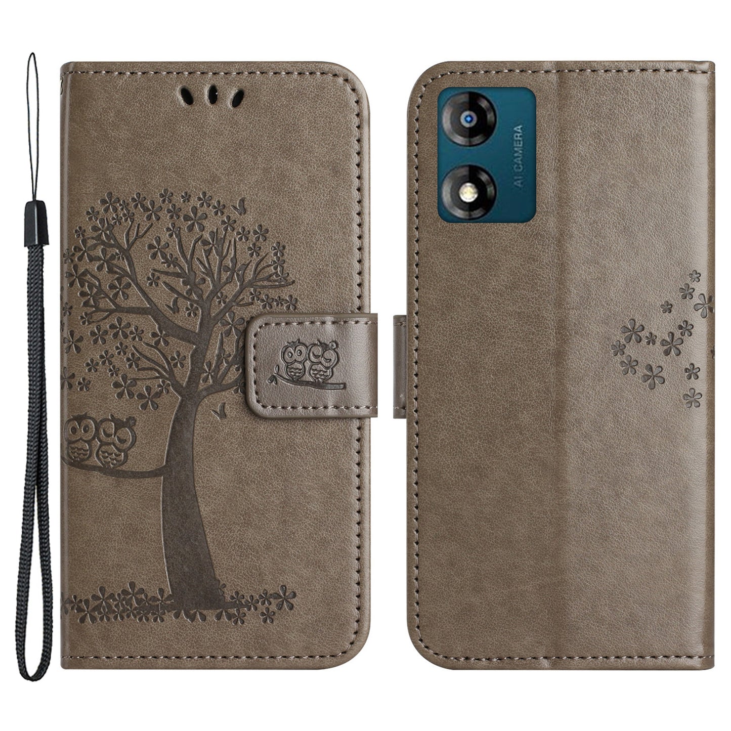 For Motorola Moto E13 4G Wallet Portable Leather Phone Case Imprinted Owl Tree Stand Flip Magnetic Cover