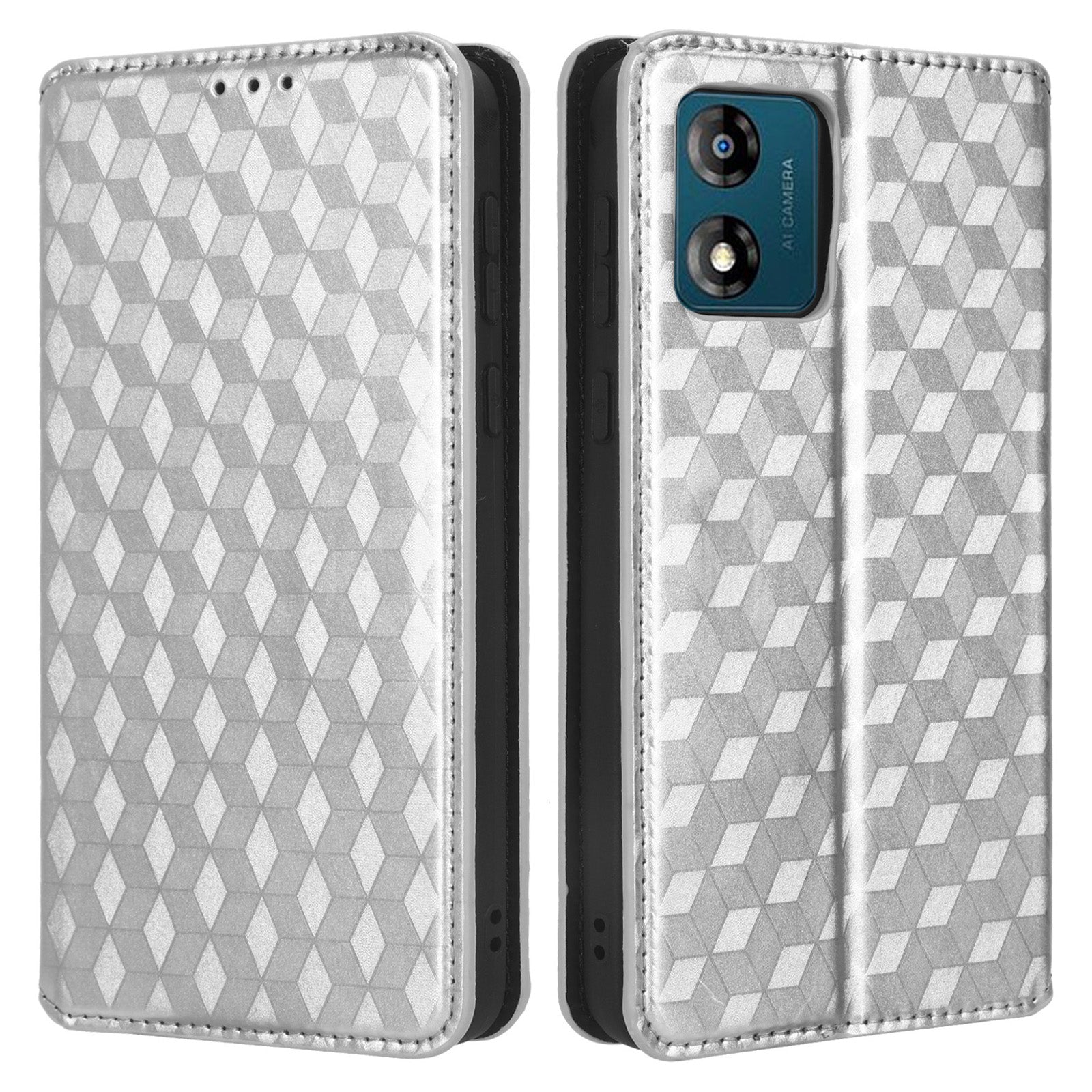 For Motorola Moto E13 4G Shockproof Phone Case Imprinted Rhombus Pattern PU Leather Wallet Stand Cover