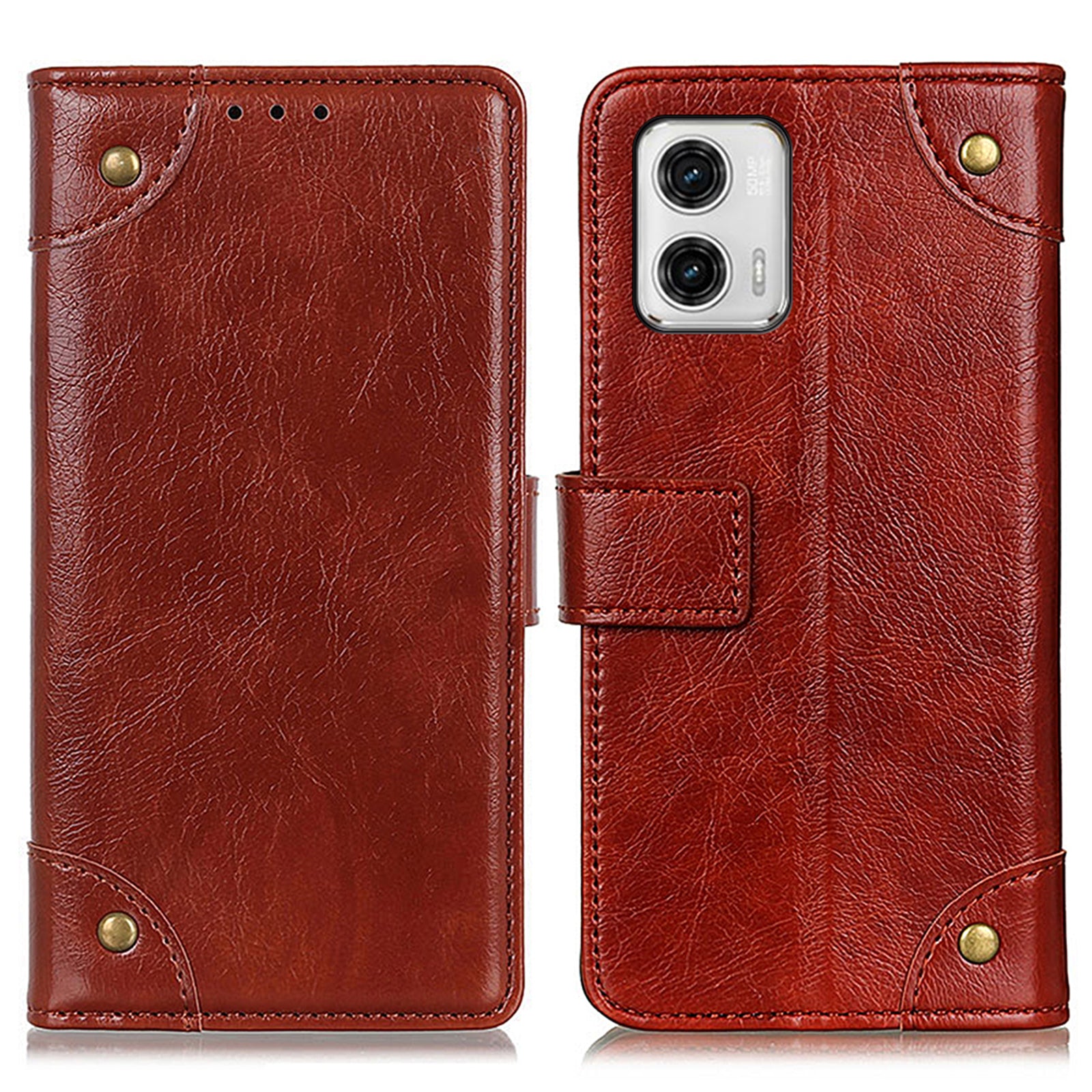 Phone Case For Motorola Moto G73 5G , Brass Button Decor Nappa Texture Flip Leather Wallet Cover with Stand