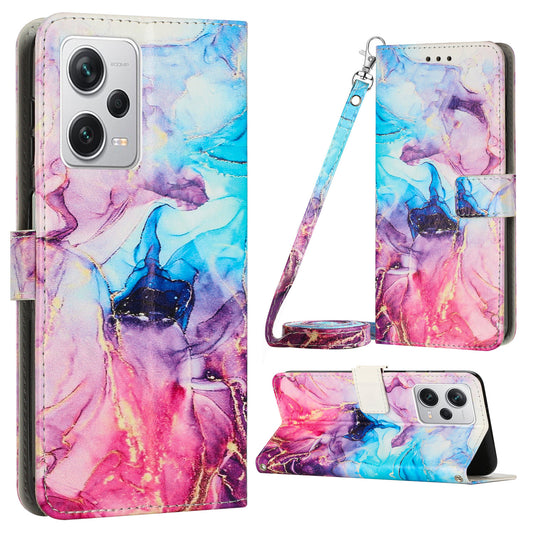 For Xiaomi Redmi Note 12 Pro+ 5G / Note 12 Explorer 5G Phone Leather Case Marble Pattern Stand Wallet Cover with Shoulder Strap