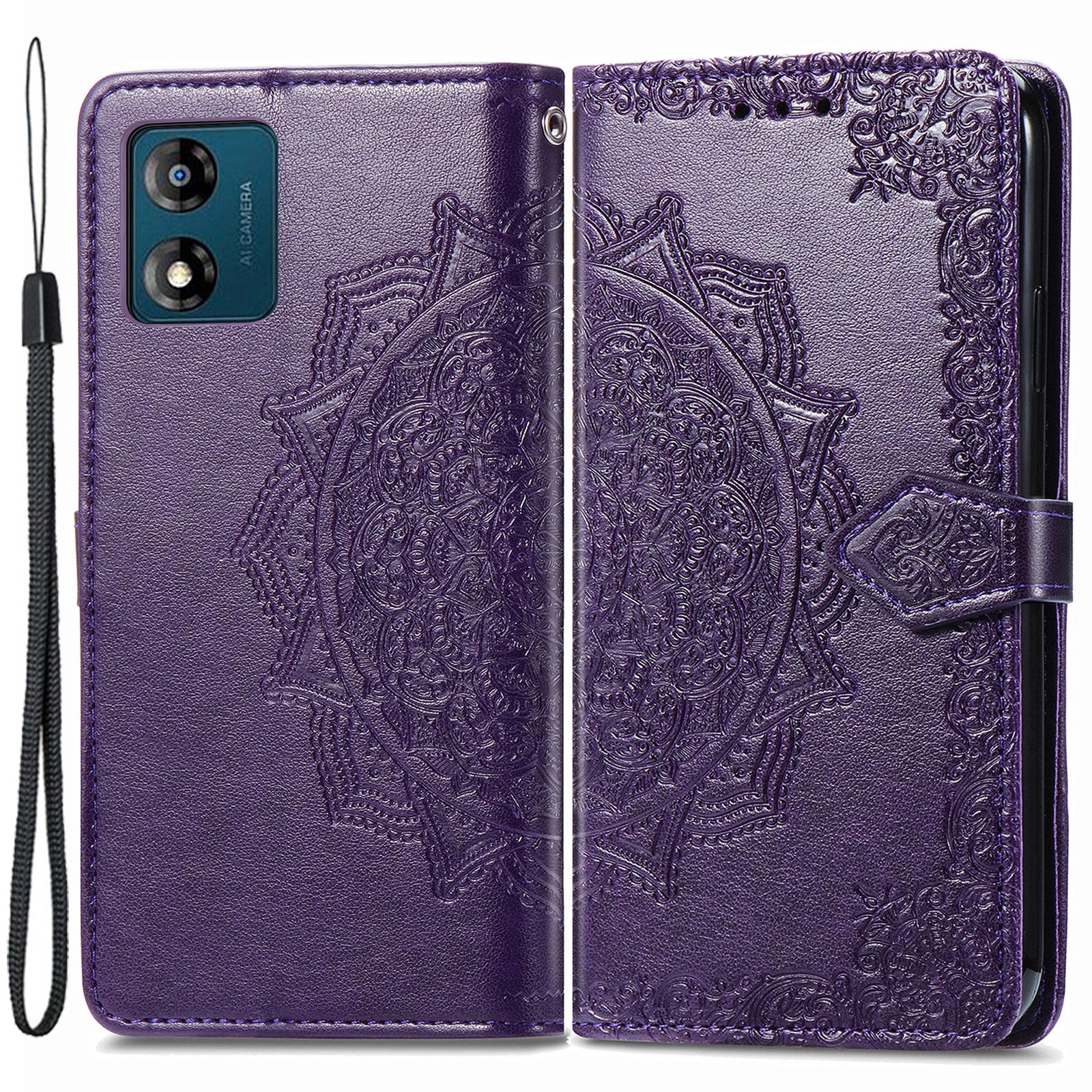 For Motorola Moto E13 4G PU Leather Wallet Case Stand Embossed Mandala Pattern Shell