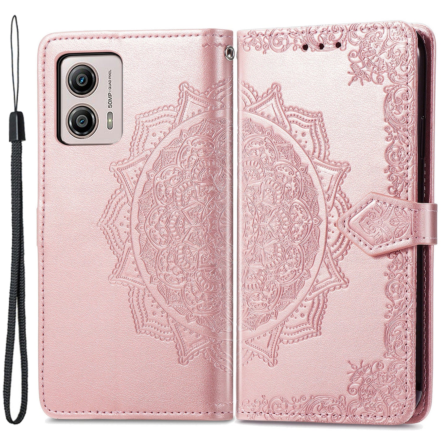 For Motorola Moto G53 5G Stand Shell PU Leather Wallet Embossed Mandala Pattern Case