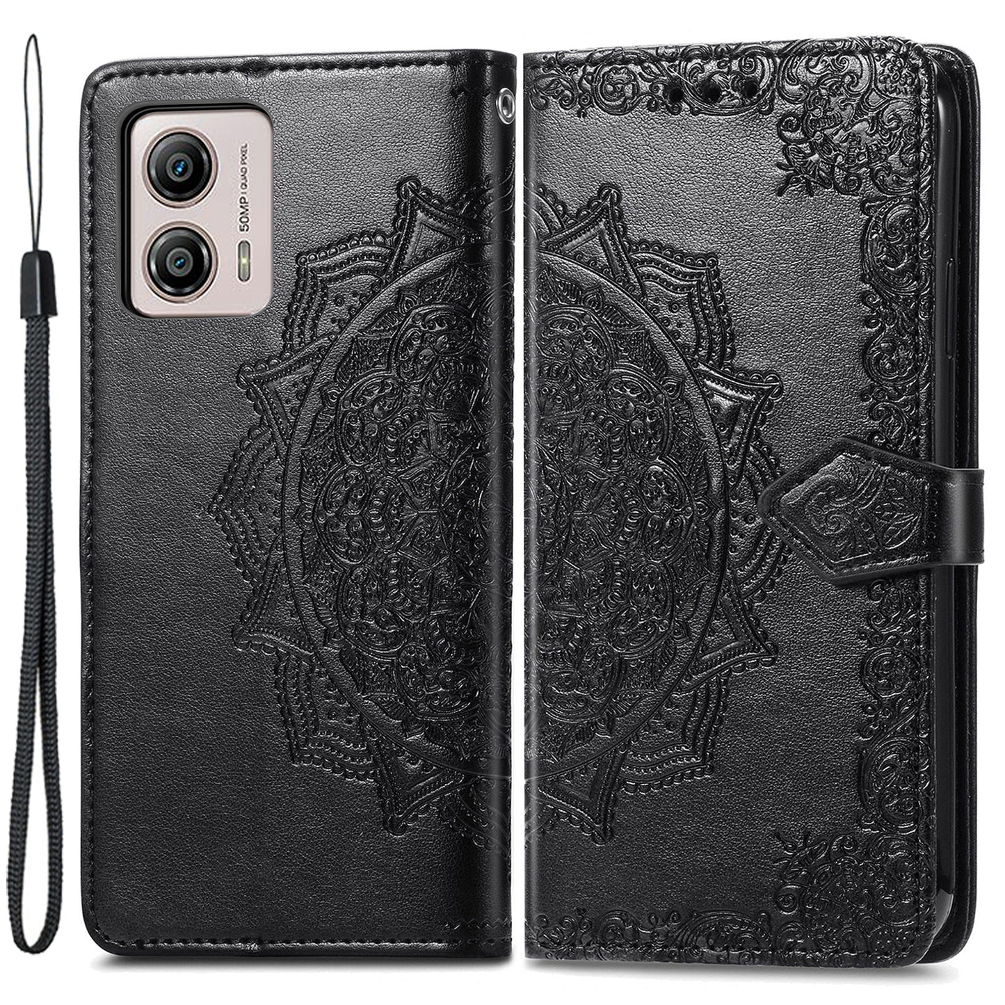 For Motorola Moto G53 5G Stand Shell PU Leather Wallet Embossed Mandala Pattern Case